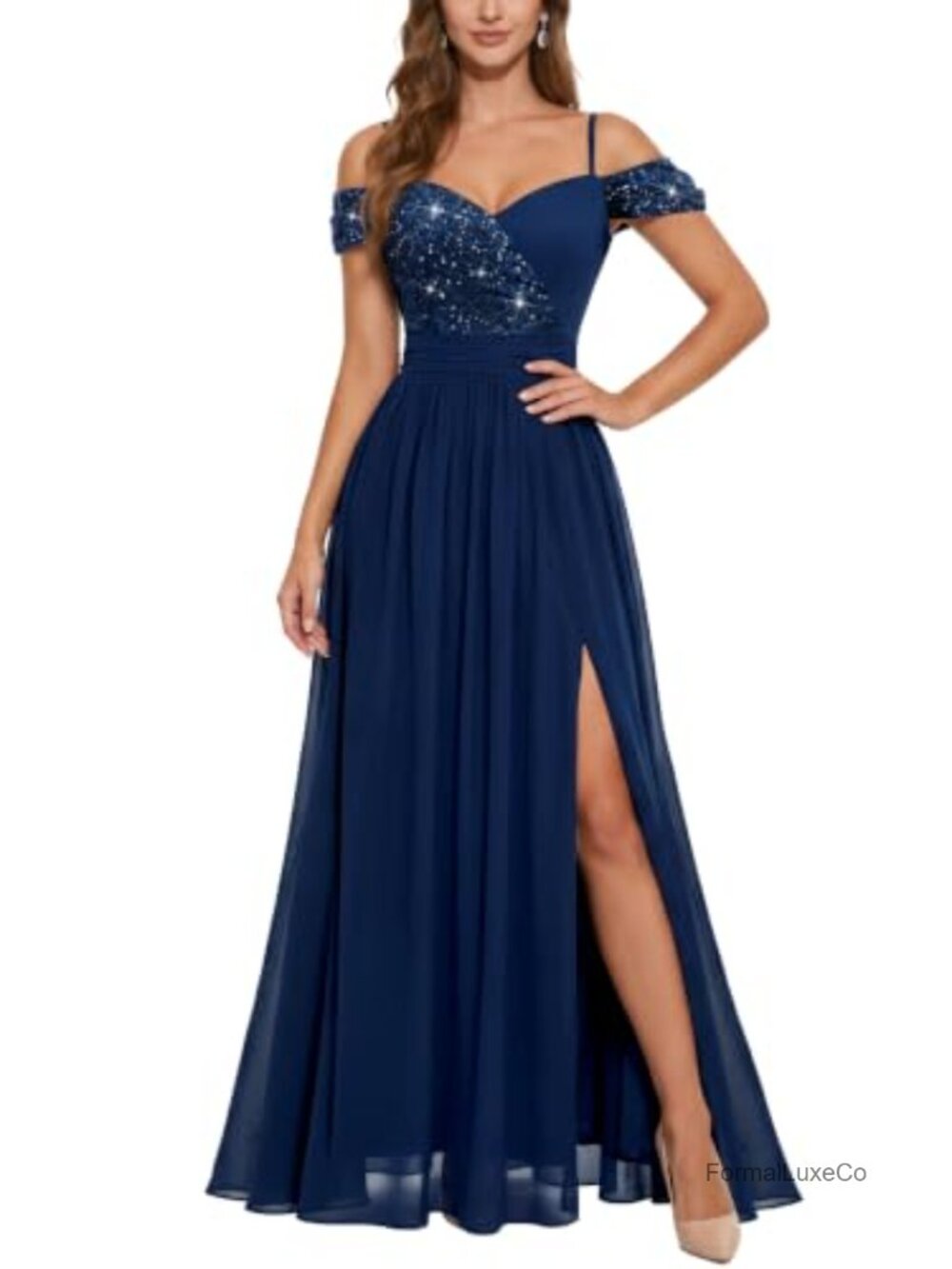 Off Shoulder Lace Contrast Sequined A-Line Maxi Dress Formal